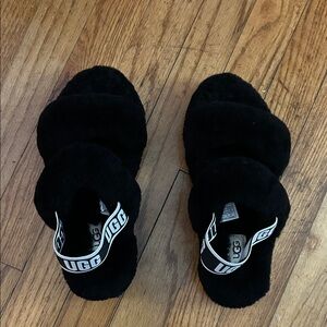 UGG Black Fluffy Slides with Logo Strap